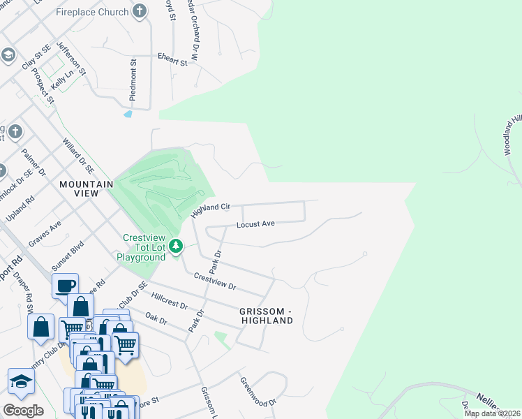 map of restaurants, bars, coffee shops, grocery stores, and more near 1013 Highland Circle in Blacksburg