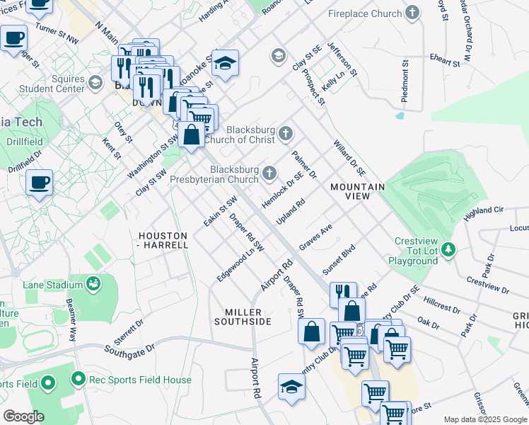 map of restaurants, bars, coffee shops, grocery stores, and more near 196 Hemlock Drive Southeast in Blacksburg