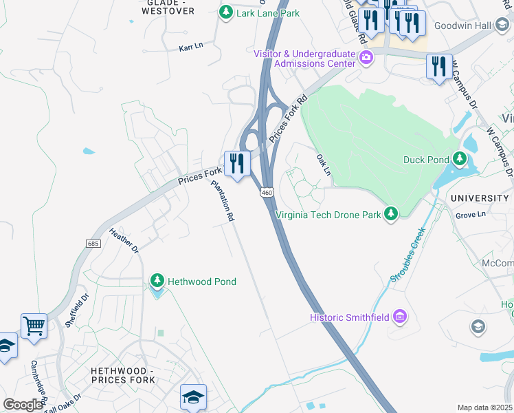 map of restaurants, bars, coffee shops, grocery stores, and more near Prices Fork Road in Blacksburg