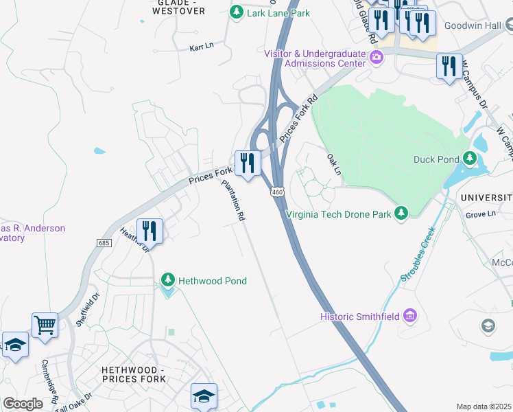 map of restaurants, bars, coffee shops, grocery stores, and more near 870 Plantation Road in Blacksburg