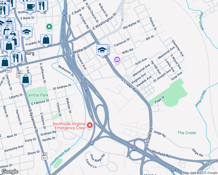 map of restaurants, bars, coffee shops, grocery stores, and more near 415 Round Top Avenue in Petersburg