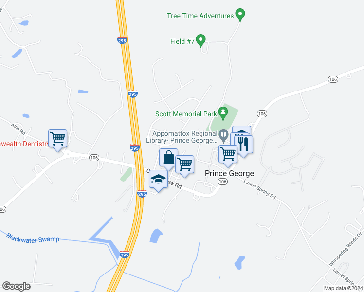 map of restaurants, bars, coffee shops, grocery stores, and more near 6509 Commons Drive in Prince George