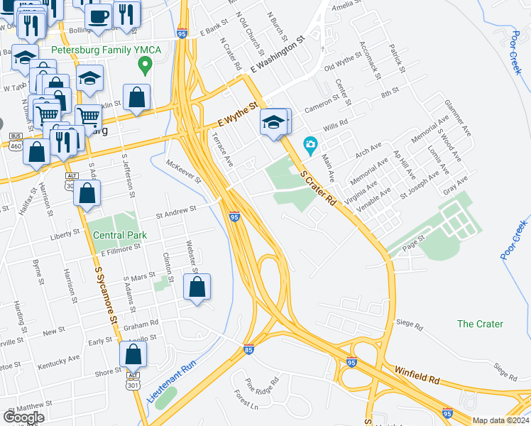 map of restaurants, bars, coffee shops, grocery stores, and more near 357 Terrace Avenue in Petersburg