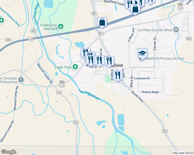 map of restaurants, bars, coffee shops, grocery stores, and more near 10 West South Street in Bayfield