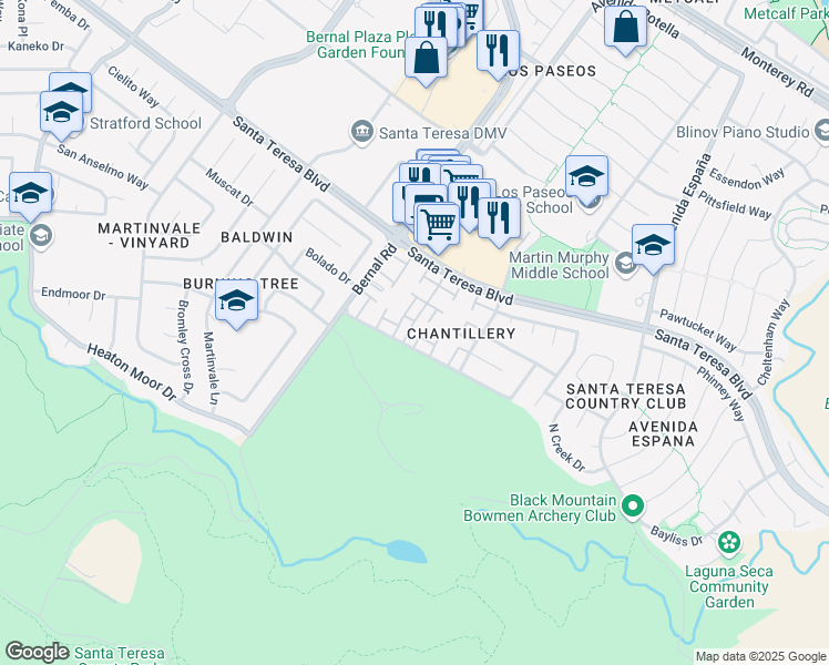 map of restaurants, bars, coffee shops, grocery stores, and more near 210 Fairway Glen Lane in San Jose