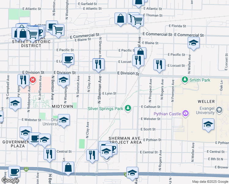 map of restaurants, bars, coffee shops, grocery stores, and more near 1009 East Lynn Street in Springfield