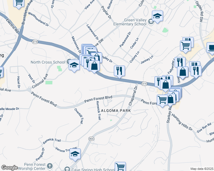 map of restaurants, bars, coffee shops, grocery stores, and more near 3027 Glenmont Drive in Cave Spring