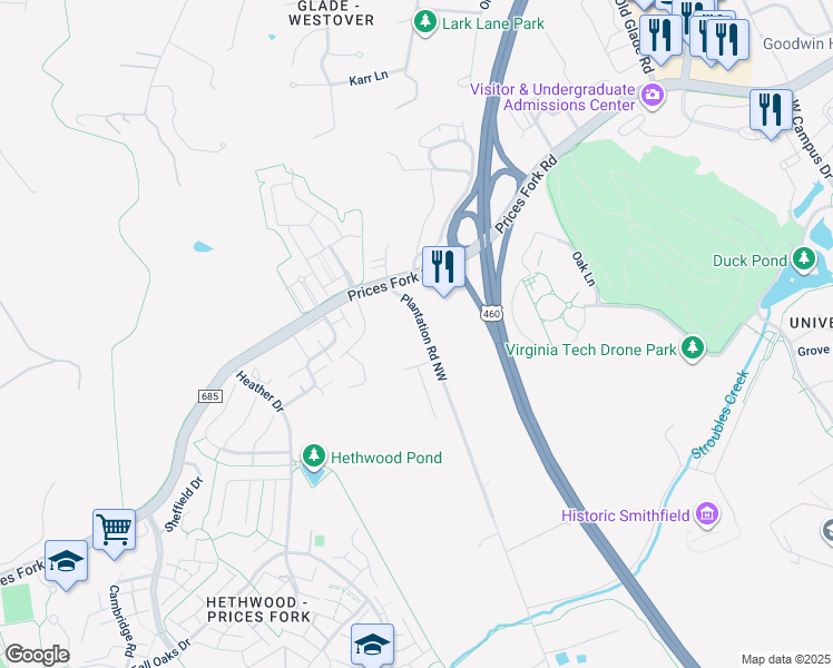 map of restaurants, bars, coffee shops, grocery stores, and more near 807 Plantation Road in Blacksburg
