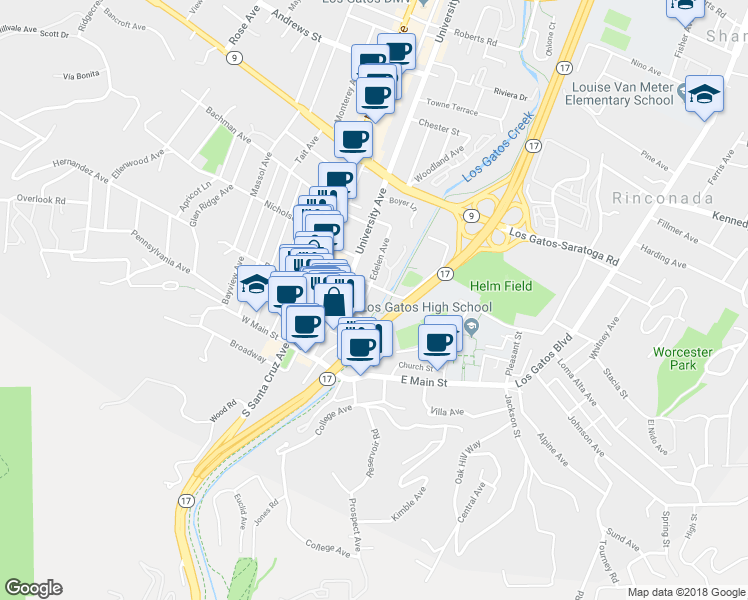 map of restaurants, bars, coffee shops, grocery stores, and more near 124 Edelen Avenue in Los Gatos