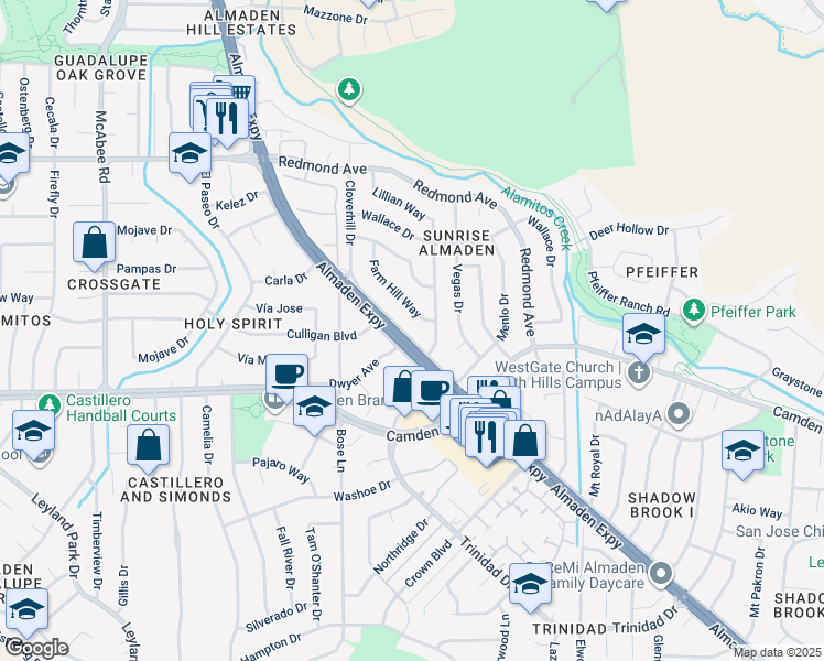 map of restaurants, bars, coffee shops, grocery stores, and more near 6402 Almaden Road in San Jose