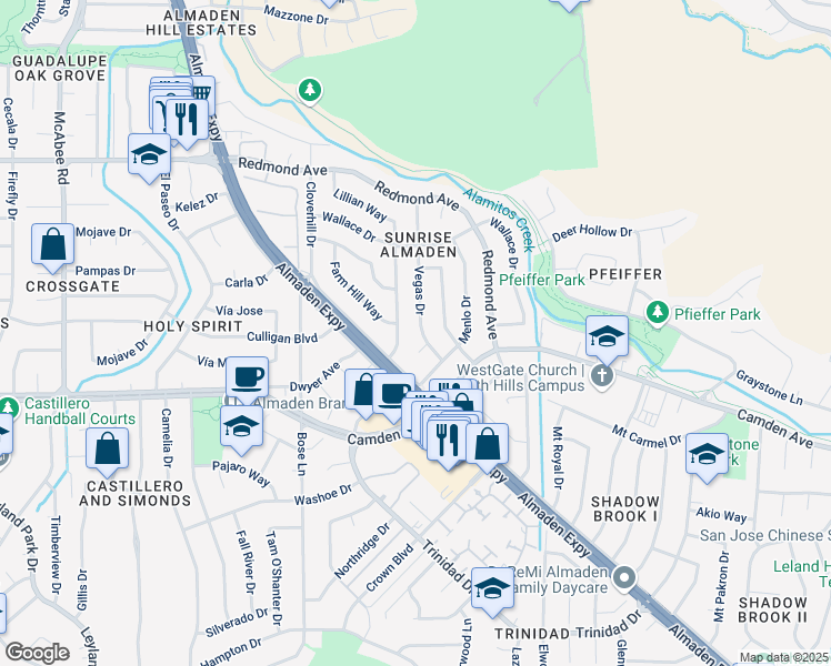 map of restaurants, bars, coffee shops, grocery stores, and more near 6397 Vegas Drive in San Jose