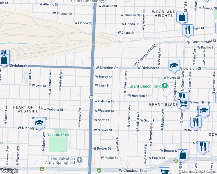 map of restaurants, bars, coffee shops, grocery stores, and more near 1402 W Lynn St in Springfield