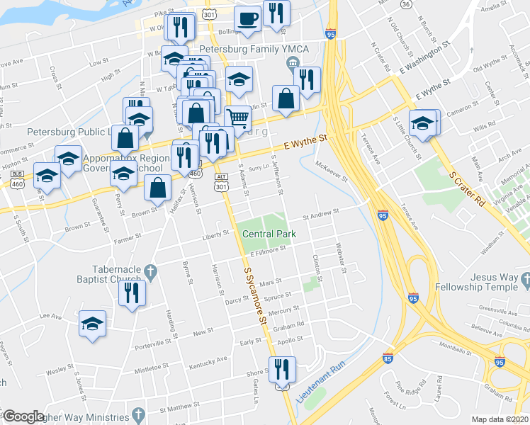 map of restaurants, bars, coffee shops, grocery stores, and more near 115 Central Park in Petersburg