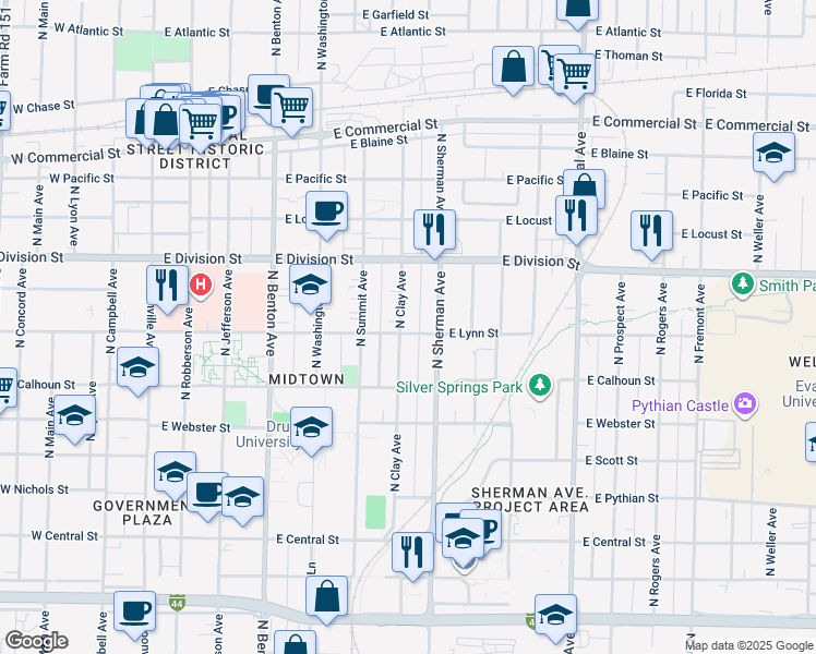 map of restaurants, bars, coffee shops, grocery stores, and more near 1400 North Clay Avenue in Springfield