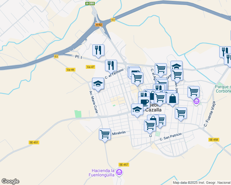 map of restaurants, bars, coffee shops, grocery stores, and more near 9 Calle Vicente Aleixandre in La Puebla de Cazalla