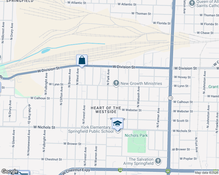map of restaurants, bars, coffee shops, grocery stores, and more near 2132 West Lynn Street in Springfield