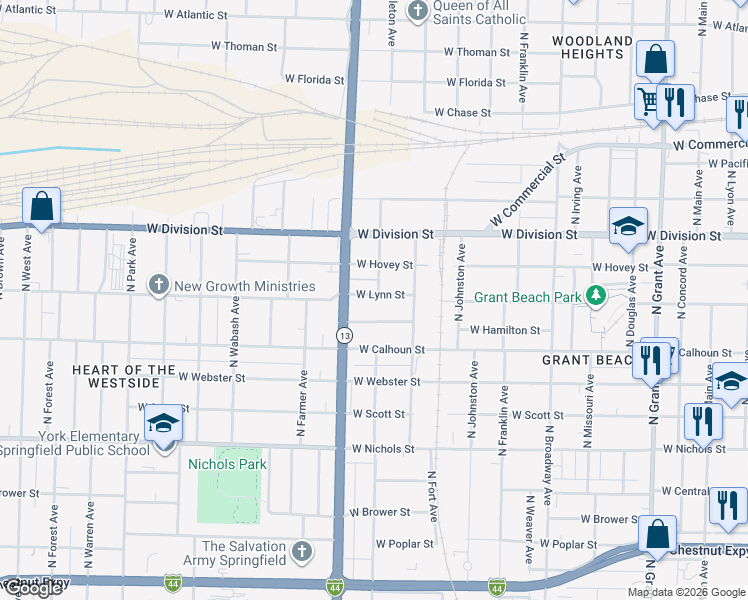 map of restaurants, bars, coffee shops, grocery stores, and more near 1500 West Lynn Street in Springfield