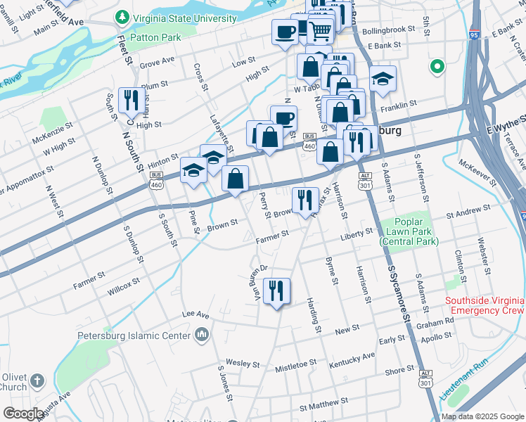 map of restaurants, bars, coffee shops, grocery stores, and more near 120 Perry Street in Petersburg