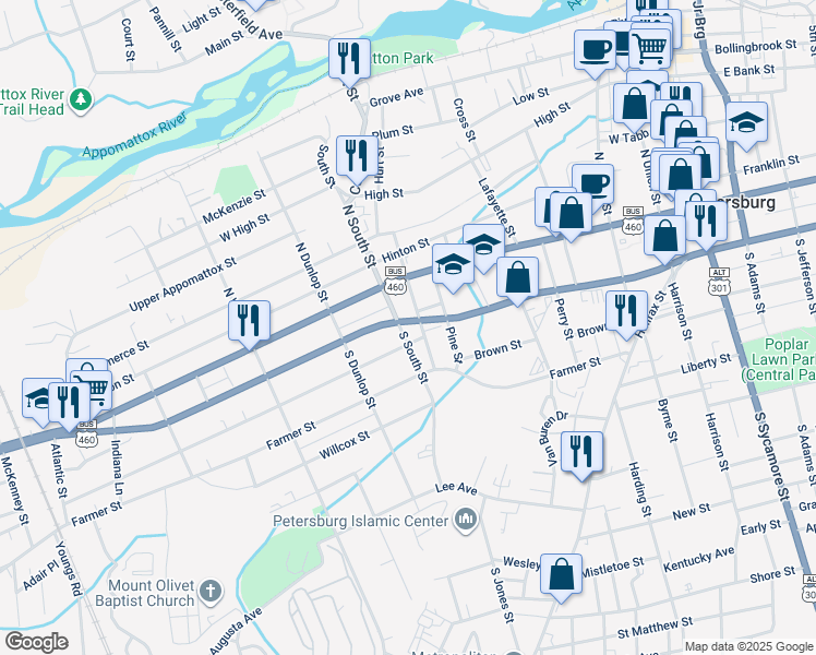map of restaurants, bars, coffee shops, grocery stores, and more near 112 South South Street in Petersburg