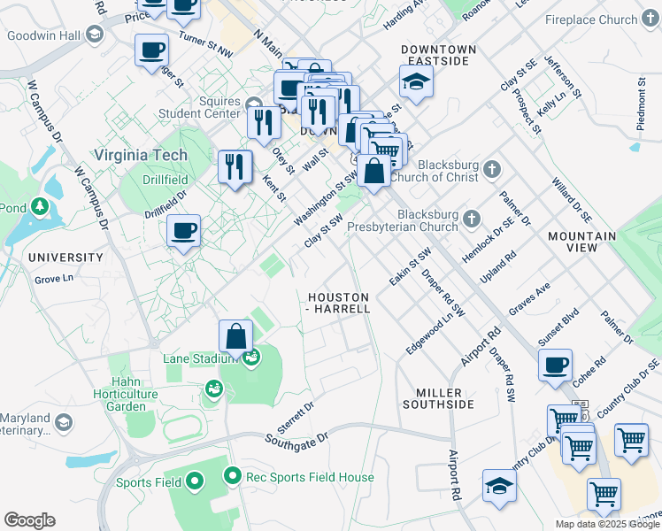 map of restaurants, bars, coffee shops, grocery stores, and more near 500 Harrell Street in Blacksburg