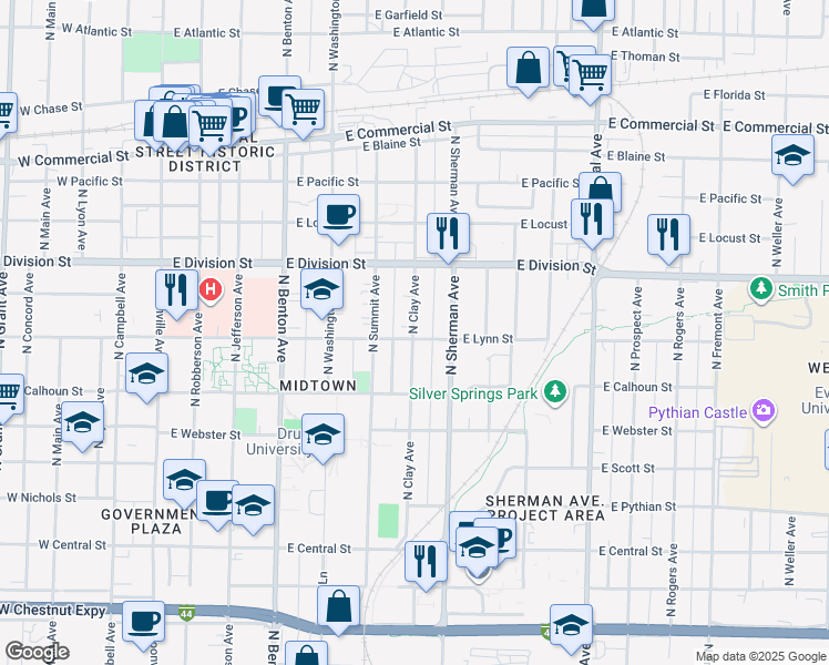 map of restaurants, bars, coffee shops, grocery stores, and more near 1400 North Clay Avenue in Springfield