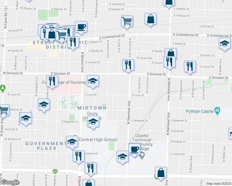 map of restaurants, bars, coffee shops, grocery stores, and more near 1400 North Clay Avenue in Springfield