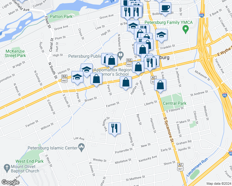 map of restaurants, bars, coffee shops, grocery stores, and more near 321 Brown Street in Petersburg