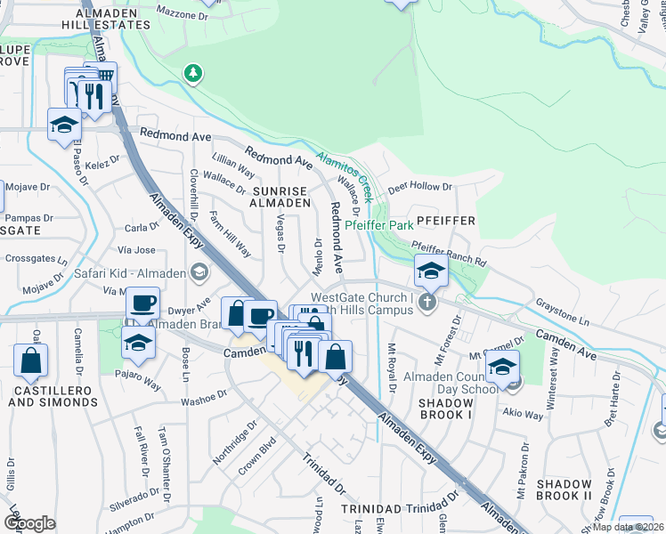 map of restaurants, bars, coffee shops, grocery stores, and more near 956 Redmond Avenue in San Jose