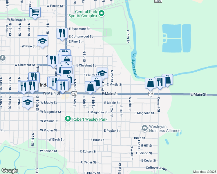 map of restaurants, bars, coffee shops, grocery stores, and more near 151-199 North 2nd Street in Independence
