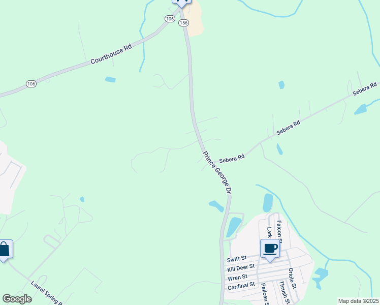 map of restaurants, bars, coffee shops, grocery stores, and more near 6500 Prince George Drive in Prince George