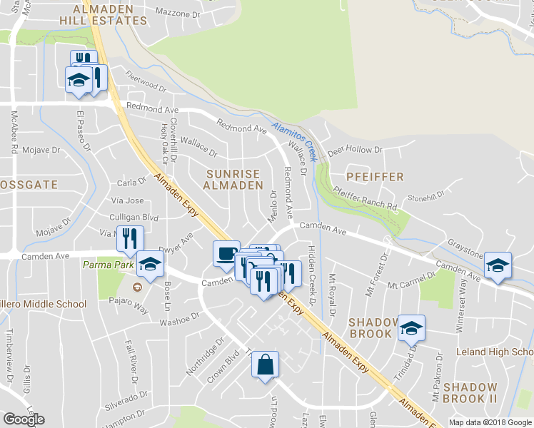 map of restaurants, bars, coffee shops, grocery stores, and more near 6408 Tamalpais Avenue in San Jose