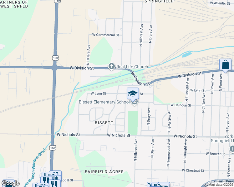 map of restaurants, bars, coffee shops, grocery stores, and more near 1398 N O'Hara Ave in Springfield