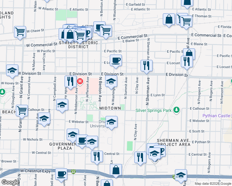 map of restaurants, bars, coffee shops, grocery stores, and more near 1406 North Washington Avenue in Springfield