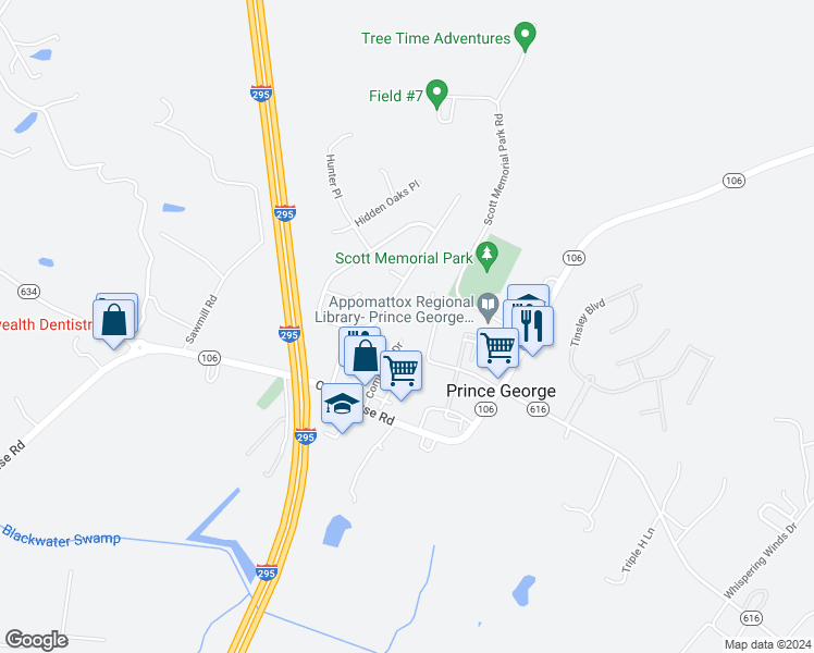 map of restaurants, bars, coffee shops, grocery stores, and more near 6500 Commons Drive in Prince George