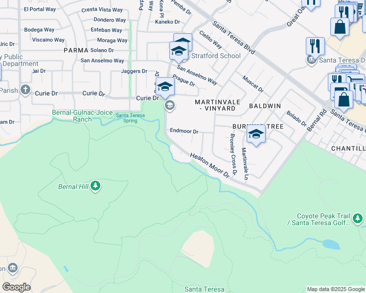 map of restaurants, bars, coffee shops, grocery stores, and more near 6792 Heaton Moor Drive in San Jose