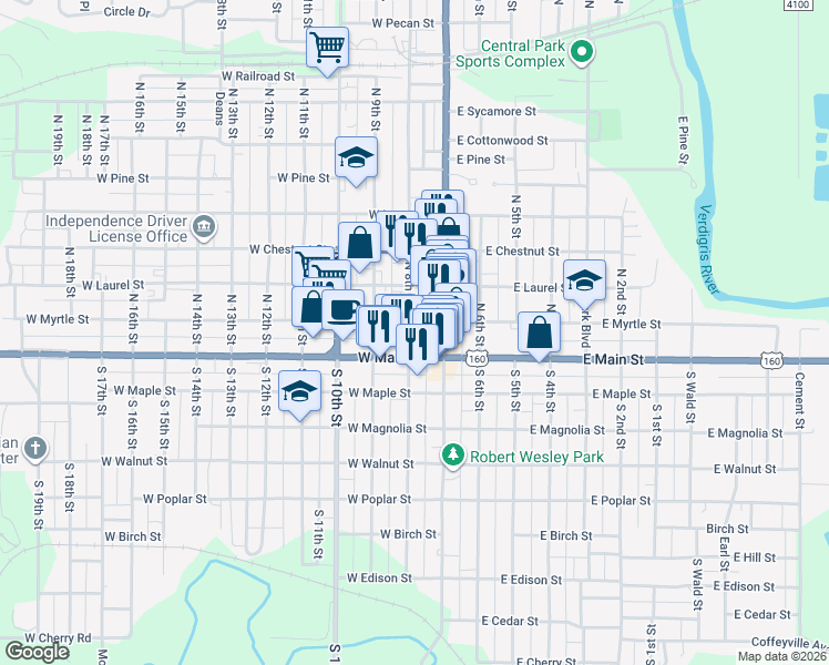 map of restaurants, bars, coffee shops, grocery stores, and more near 120 North 8th Street in Independence