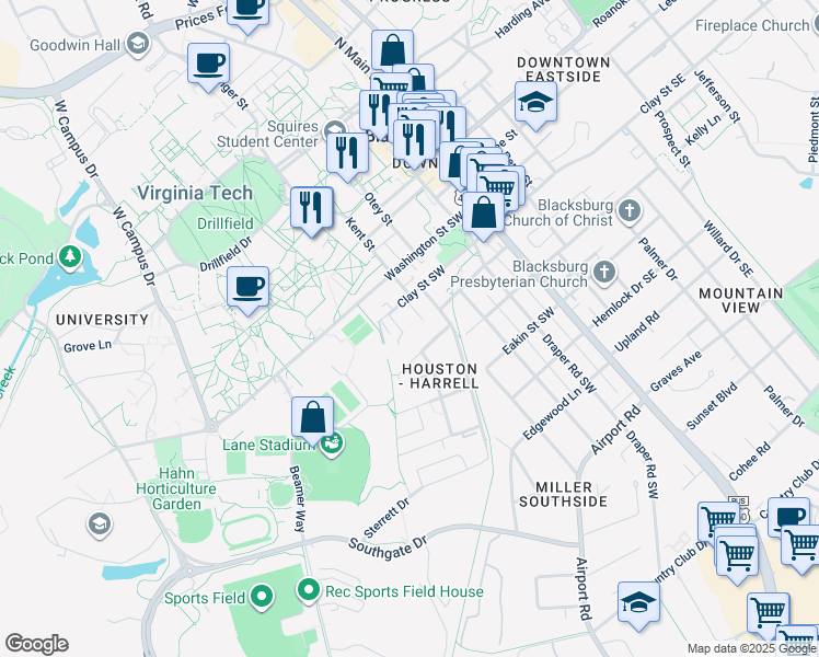 map of restaurants, bars, coffee shops, grocery stores, and more near 403 Ingles Court in Blacksburg