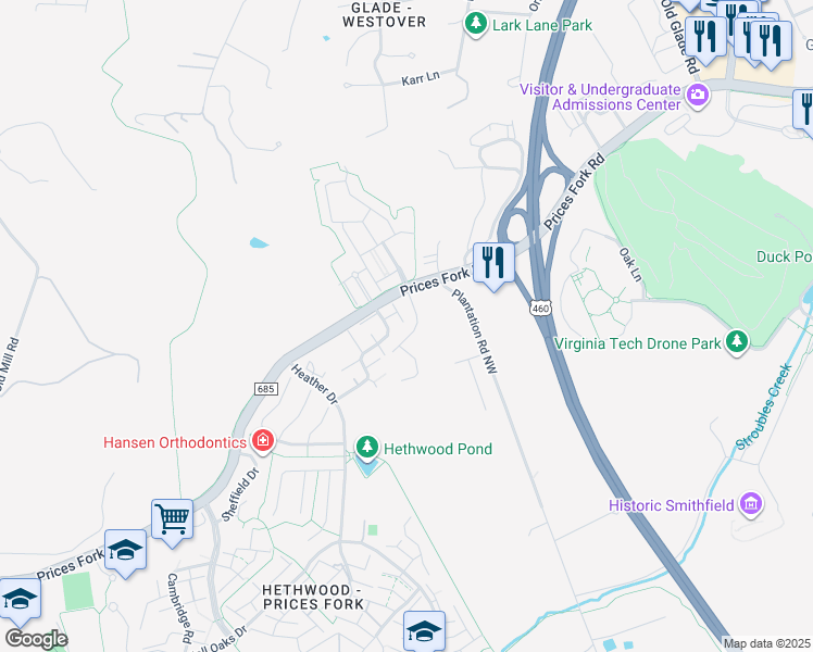 map of restaurants, bars, coffee shops, grocery stores, and more near 113 Canterbury Court in Blacksburg