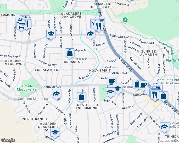 map of restaurants, bars, coffee shops, grocery stores, and more near 6407 Mojave Drive in San Jose