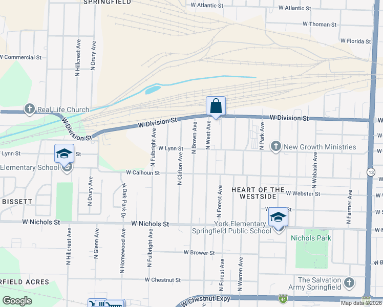 map of restaurants, bars, coffee shops, grocery stores, and more near 1347 North Brown Avenue in Springfield