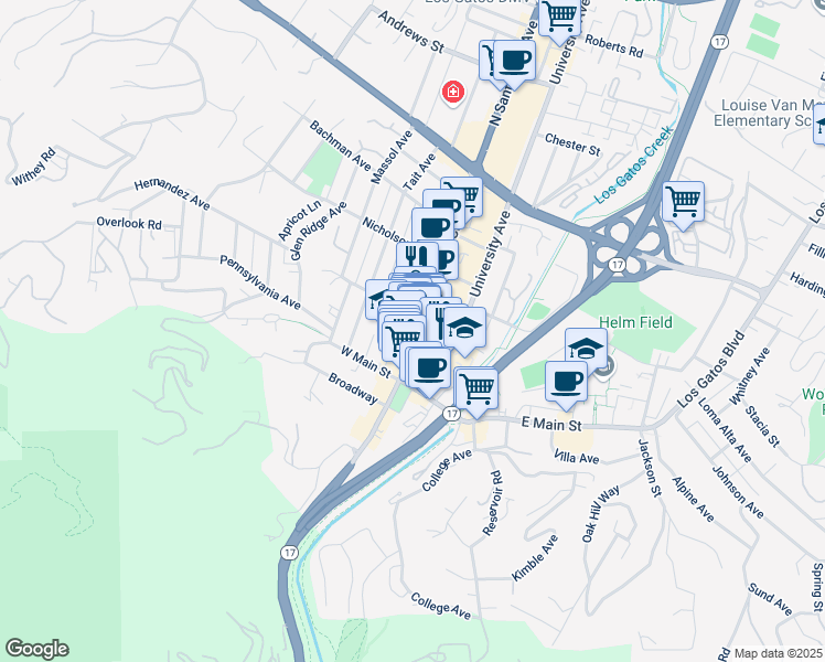 map of restaurants, bars, coffee shops, grocery stores, and more near 53 North Santa Cruz Avenue in Los Gatos