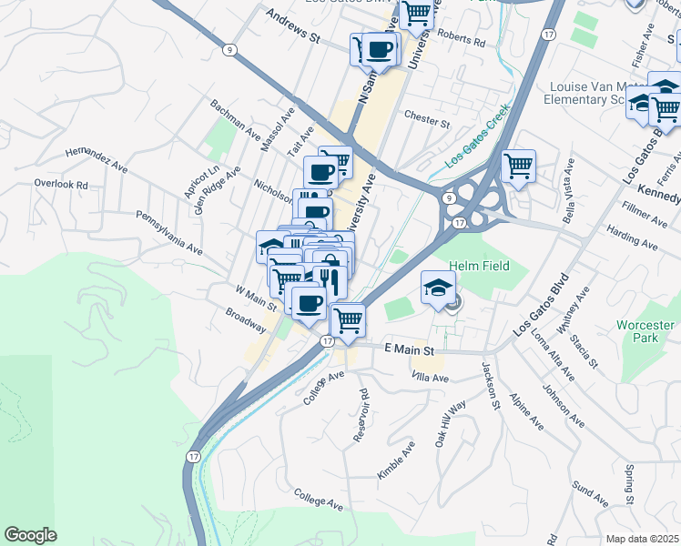 map of restaurants, bars, coffee shops, grocery stores, and more near 112 University Avenue in Los Gatos