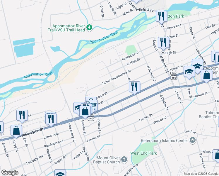 map of restaurants, bars, coffee shops, grocery stores, and more near 1201 Commerce Street in Petersburg