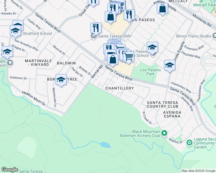 map of restaurants, bars, coffee shops, grocery stores, and more near 204 Fairway Glen Lane in San Jose
