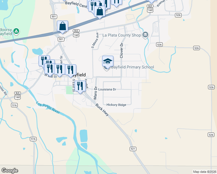 map of restaurants, bars, coffee shops, grocery stores, and more near 607 Louisiana Drive in Bayfield