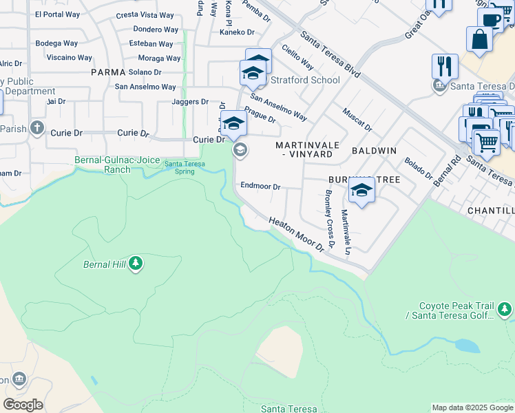 map of restaurants, bars, coffee shops, grocery stores, and more near 6792 Heaton Moor Drive in San Jose