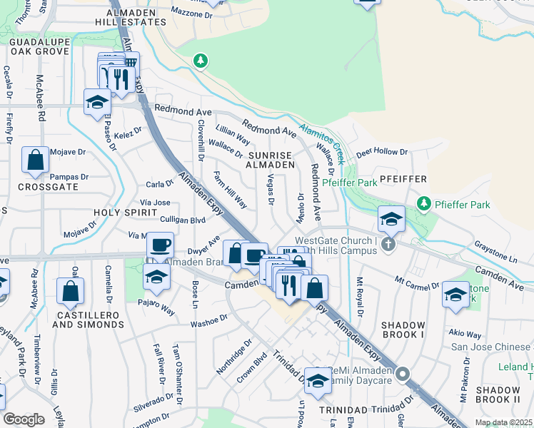 map of restaurants, bars, coffee shops, grocery stores, and more near 6397 Vegas Drive in San Jose