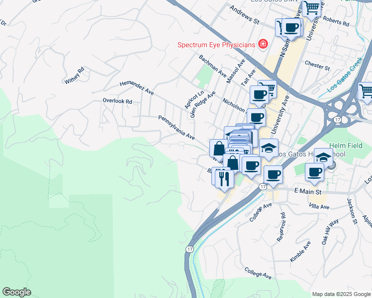 map of restaurants, bars, coffee shops, grocery stores, and more near 88 Fairview Plaza in Los Gatos