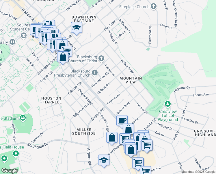 map of restaurants, bars, coffee shops, grocery stores, and more near 213-217 Upland Rd in Blacksburg