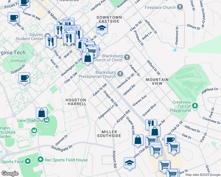 map of restaurants, bars, coffee shops, grocery stores, and more near 708 South Main Street in Blacksburg